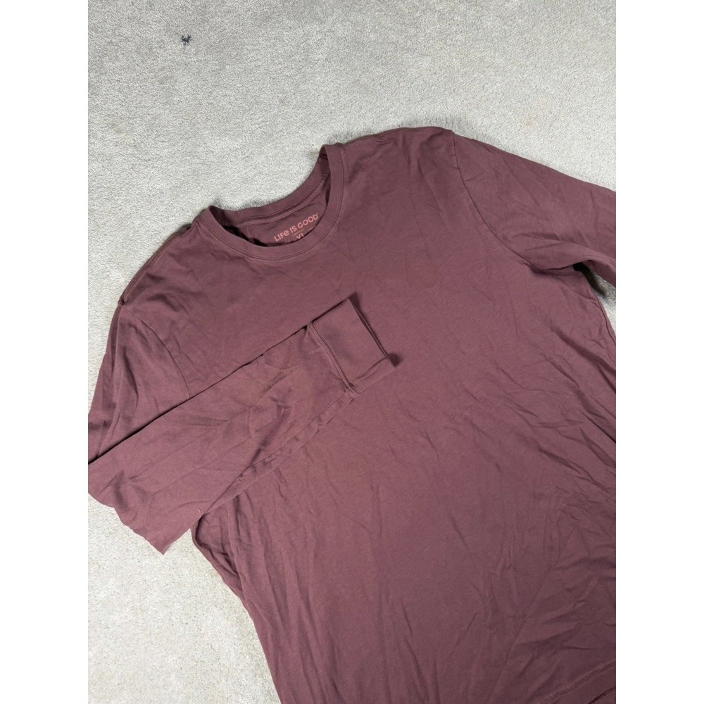 Life is Good Long Sleeve Tee Men XL Burgundy Cotton Relaxed Crewneck Dragon Logo